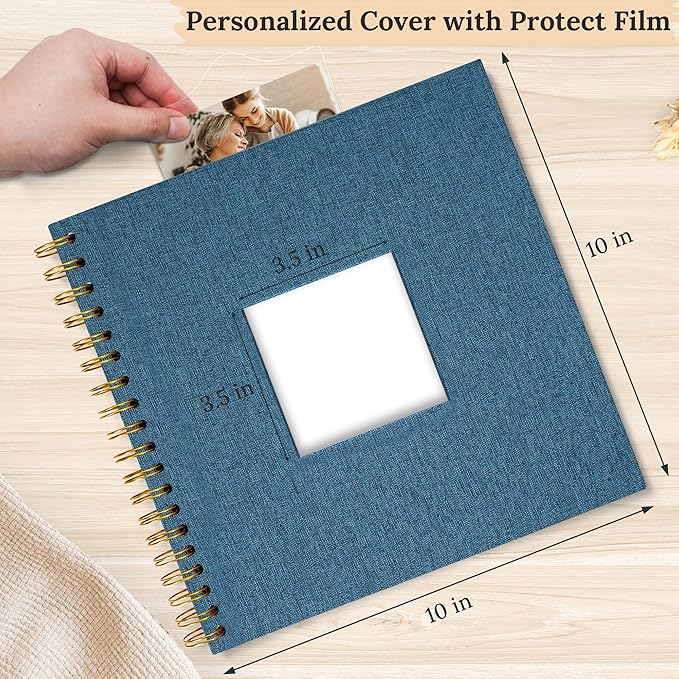 Scrapbook Photo Album Linen Cover, 10 x 10 Inch Hardcover Kraft White Pages Memory Book, for Travel Wedding Guest Book Christmas Baby Shower (40 Sheets/ 80 Pages,Blue)