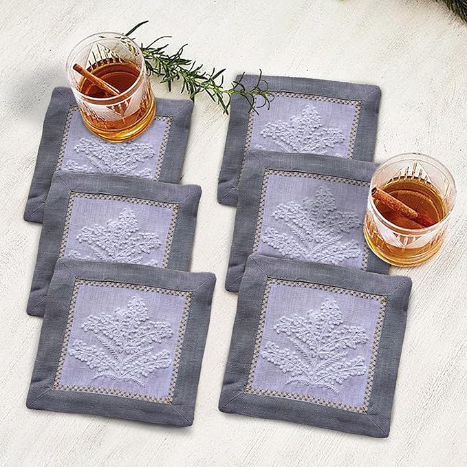 Cocktail Napkins Set of 6, 6x6 inch, 100% Linen, French Knot Hand Embroidered Floral Pattern, Reusable & Washable Napkin Coasters for Drinks, Parties, Weddings (Grey)