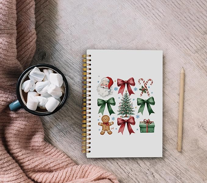 Christmas Notebook, Coquette Red and Green Bow Santa Gingerbread Christmas Journal, Christmas Office Gifts, Christmas Preppy Gifts for Women, Spiral Notebook 5.5x8.3 Inch
