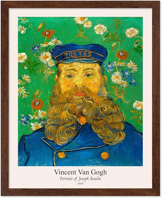 Monem Art Vintage Van Gogh Poster - Retro Portrait of the Joseph Roulin Print - Impressionism Art - Postman Art - Fine Art - Classic Painting Art - Living Room Wall Decor - 16x20 Brown Framed