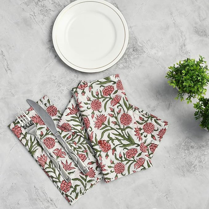 CPC Cloth Napkins 100% Cotton Set of 4 Reusable Napkins, Indian Block Print Toile Floral Dinner Napkin, Fall Thanksgiving Christmas Holiday Party Gift - Soft Absorbent Napkin, 18"x18" Red Garnet