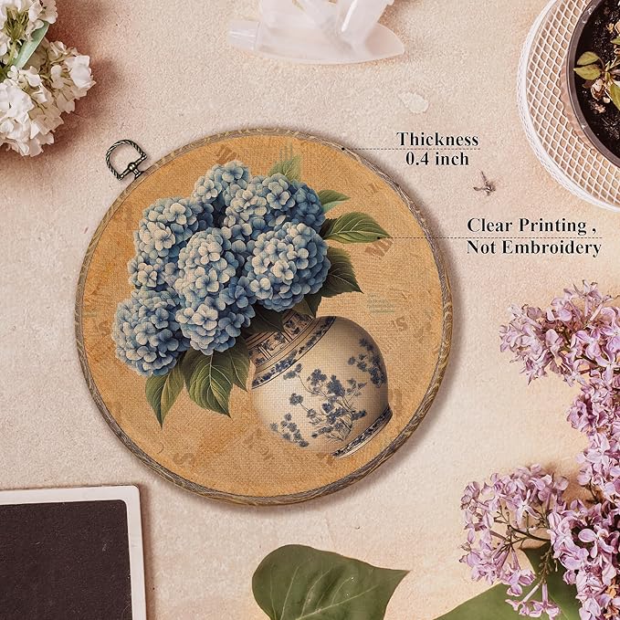 FUGWN Vintage Chinoiserie Vase Hydrangea Floral Round Wall Art Decor Framed, Grandmillennial Floral Canvas Artwork Print, Retro Flower Wall Hanging Decorations for Home Bedroom Gallery, 10x10 Inch