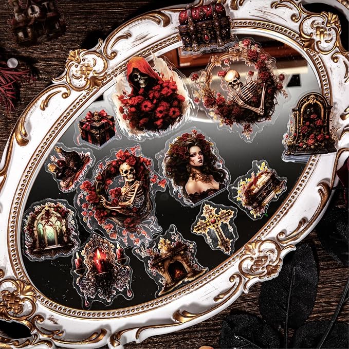 180-Piece Gothic Vampire Scrapbook Stickers – Vintage Medieval Red Dark Horror Aesthetic Witches, Vampires, Roses, Skeletons Decals for Halloween Crafting, Journaling, Art Projects, Planners