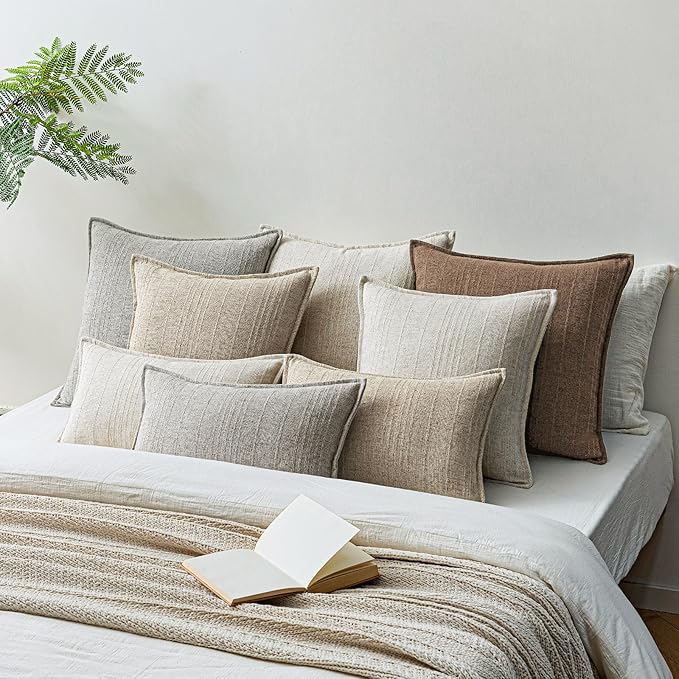 a moment Linen Pillow Covers Set of 2,Boho Farmhouse Throw Pillowcases Neutral Textured Decorative Covers for Couch Sofa,Soft Linen Blend Accent Case Cushion Living Room Home Decor 26"x26"Hazel