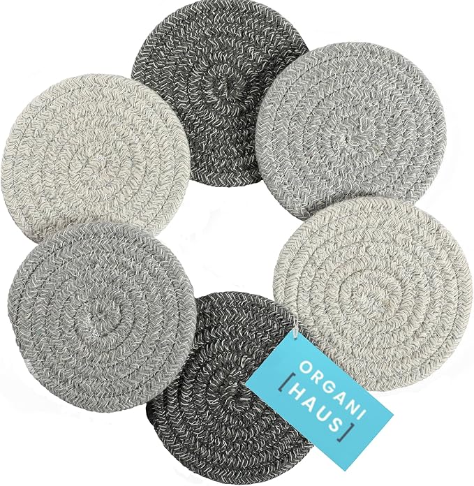 OrganiHaus Drink Coasters Set of 6, Absorbent Cotton Woven Cup Coasters, Rustic Farmhouse Boho Decor for Coffee Table and Drinks Protection, Cute Coaster for Drinks, Coaster for Office Desk - Gray