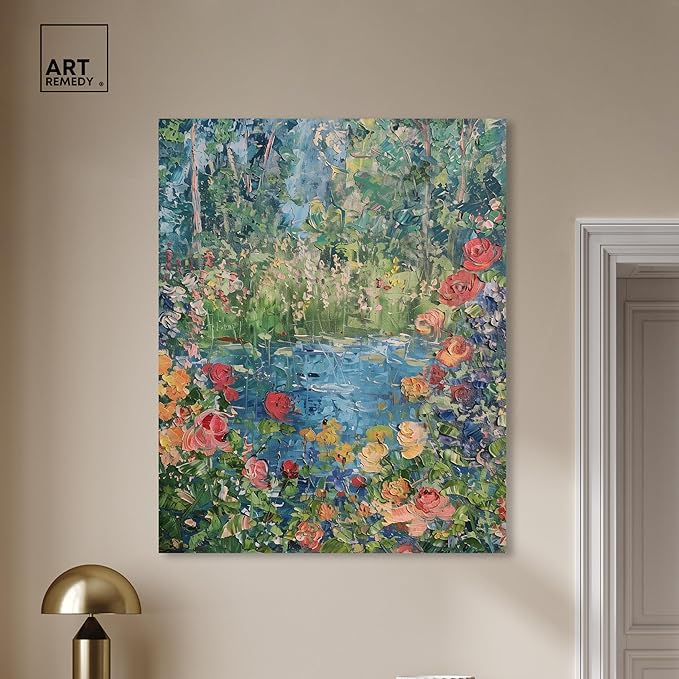 Art Remedy Serene Escape Gallery Wrapped Impressionism 1 Piece Canvas Wall Art/Monet And Van Gogh Inspired Art, 36" x 45", Gallery Wrapped