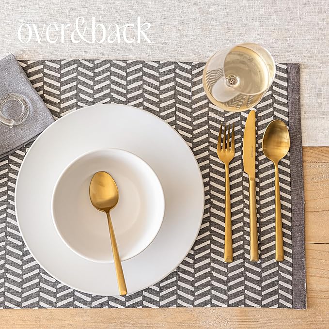Over&Back Set of 4 Hand-Blocked Placemats - Colorful Dining Table Mat - Each Placemat is Unique - 100% Cotton - Machine Washable - Kitchen and Home Decor - Grey Herringbone