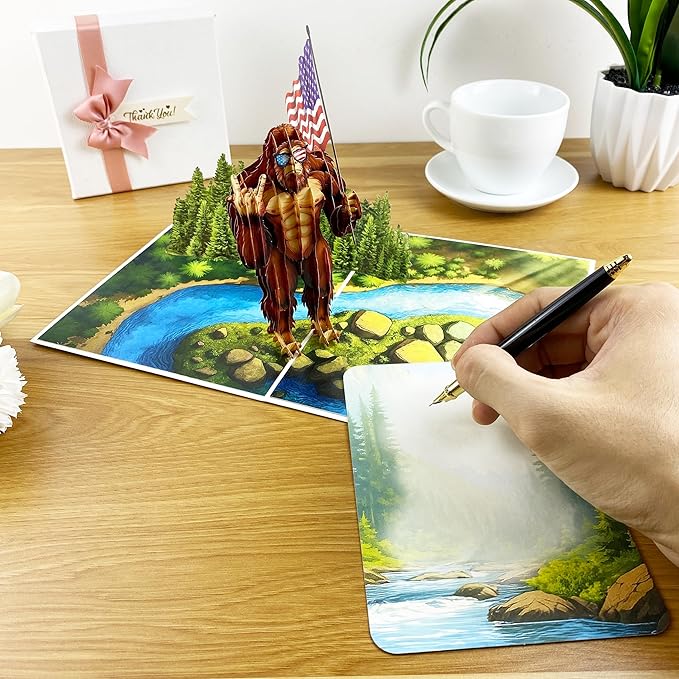 3D Pop Up Greeting Card – Funny Bigfoot Sasquatch Card with American Flag – Hilarious Birthday, Father’s Day, Retirement, or Gag Gift – Unique Handmade Novelty Card with Envelope