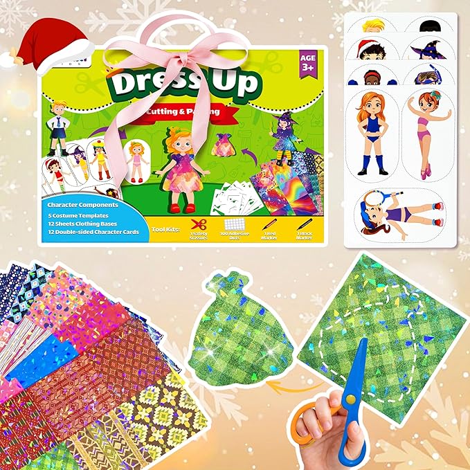 Dress-Up Cutting and Pasting Set, Paper Make Doll Clothes Craft Kit, 24 PCS Pretend Play Game for Girls, Outfit and Accessory Pieces, Mess-Free Travel Toys for Kids Ages 4-8