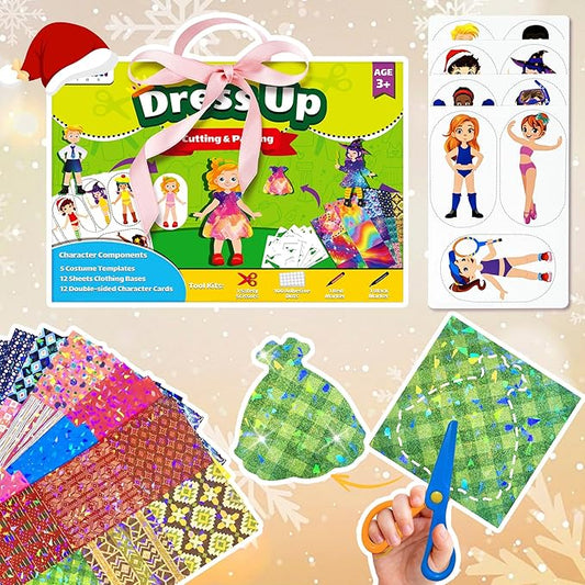 Dress-Up Cutting and Pasting Set, Paper Make Doll Clothes Craft Kit, 24 PCS Pretend Play Game for Girls, Outfit and Accessory Pieces, Mess-Free Travel Toys for Kids Ages 4-8
