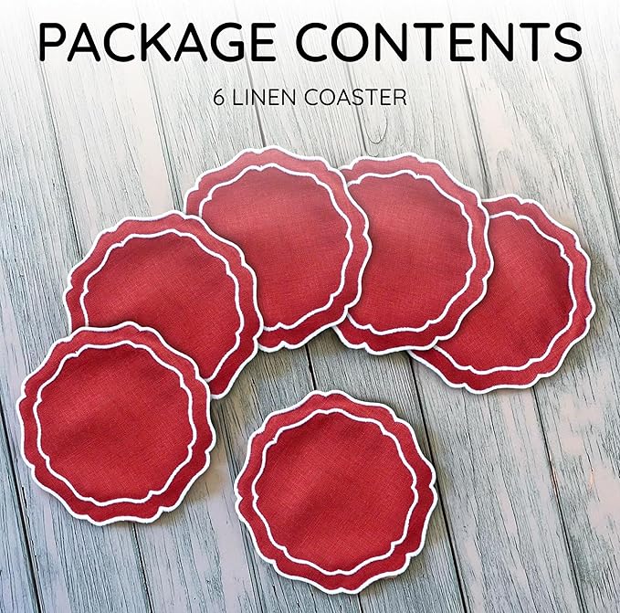 Drink Coasters Set of 6, 6x6 inch, Absorbent Linen Drink Mats with Scalloped Edge, Reusable Handmade Coffee Coasters for Home Decor & Tabletop Protection & Gift Giving (Brick)