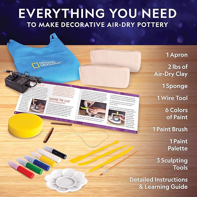 NATIONAL GEOGRAPHIC Deluxe Pottery Wheel Kit – Complete Starter Pottery Set, Plug-In Motor, 3 lbs. Air Dry Clay, Gemstone Chips, Sculpting Tools, Patented Arm Tool, Paints & More, Great Kids Craft Kit