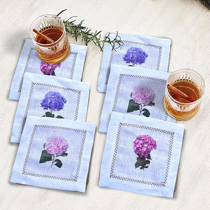 Cocktail Napkins Set of 6, 6x6 inch, 100% Linen, Printed Floral Design, Reusable & Washable Napkin Coasters for Beverages, Parties, Weddings & Everyday Use (Hydrangea)