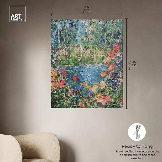 Art Remedy Serene Escape Gallery Wrapped Impressionism 1 Piece Canvas Wall Art/Monet And Van Gogh Inspired Art, 36" x 45", Gallery Wrapped
