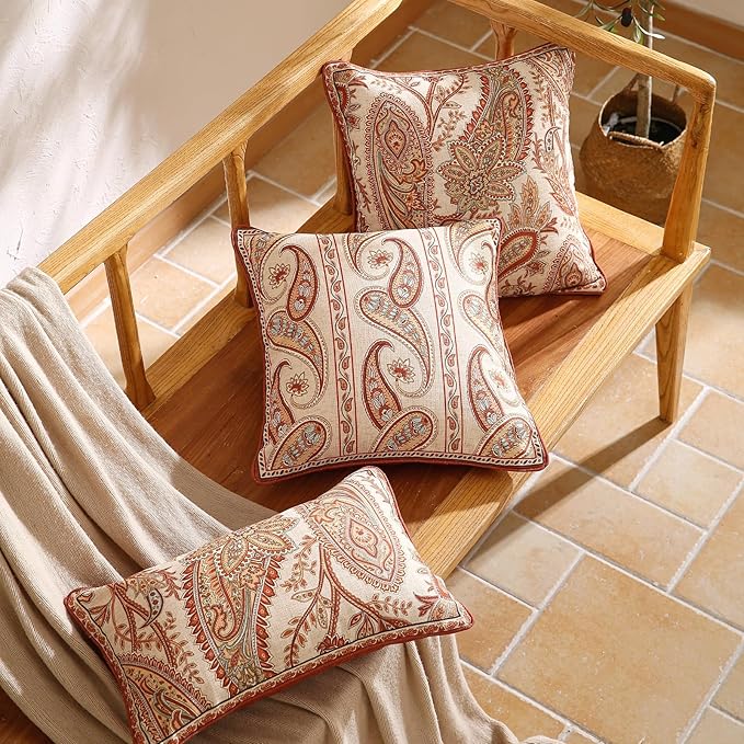 ISAENNE Design Linen Classic Vintage Throw Pillow Covers Set of 4, Lumbar Square Cushion Covers with Orange Yellow Paisley Style Pattern Decoration Pillowcases for Bed,Living Room,Outdoor,Car