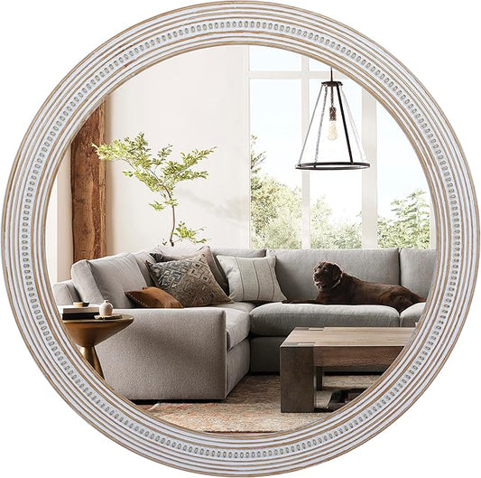 30 Inches Farmhouse Round Wood Mirrors for Wall Decor, Rustic Decorative Circle Mirror for Bathroom, Living Room, Foyer, Entryway