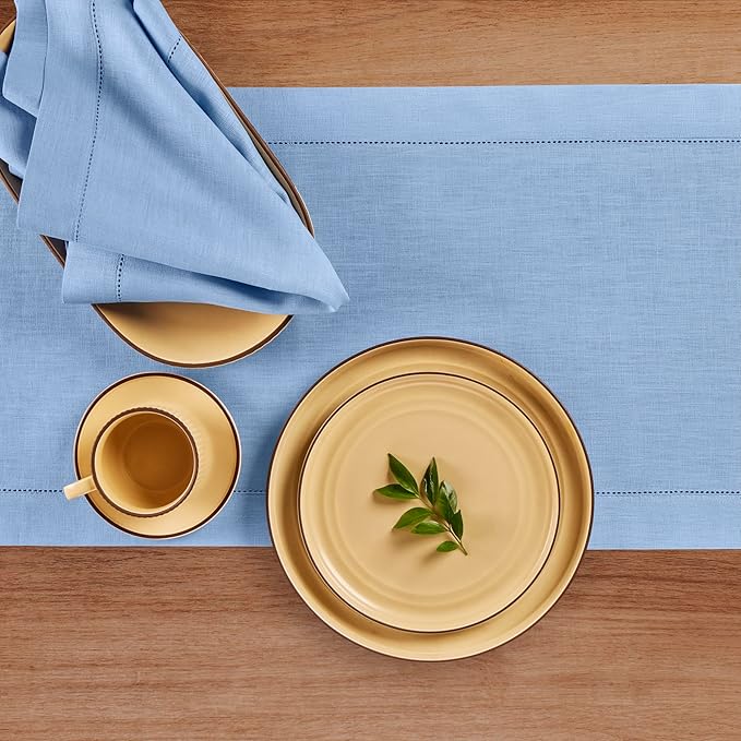 Solino Home Linen Cornflower Blue Table Runner 108 Inches Long - 100% Pure Linen Hemstitch 14 x 108 Inch Table Runner for Dining, Spring, Easter - Classic Hemstitch