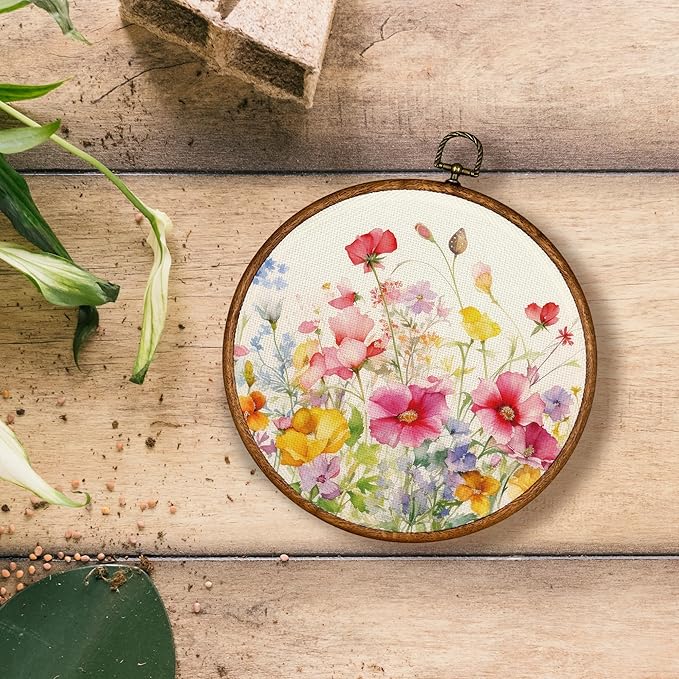 KSDUT Spring Floral Botanical Wall Decor Art - Colorful Flower Wall Art Canvas Frame Hanging Prints, Preppy Trendy Wildflower Round Wall Art Decor for Farmhouse Gallery Home Decorations 10"x10"