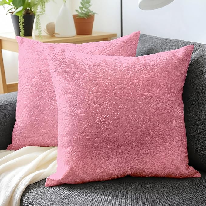 Encasa XO Luxury Embossed Velvet Cushion Covers - Plush Throw Pillow Covers for Elegant Living Rooms & Bedrooms, Machine Washable, 18x18 Pink | Set of 2 | Covers Only No Insert.