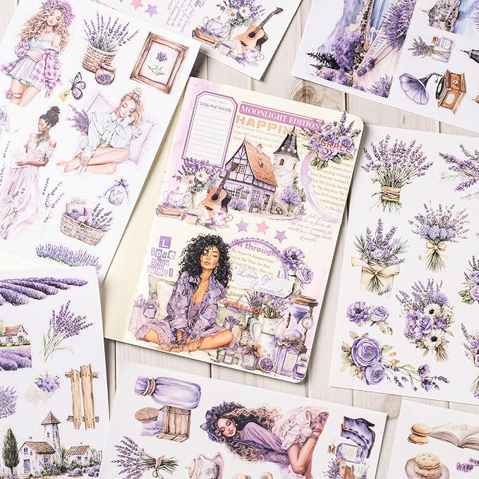 Junk Journal Sticker Book, Lavender Journaling Stickers, Purple Scrapbook Supplies, Pre-Cut Aesthetic Scrapbooking for Adults, Decorative Ephemera Bullet Planner DIY Arts Craft Collage