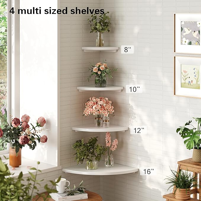 Floating Corner Shelves White 10", Solid Oak Wall Mounted Wooden Display Storage Rack with Wire Hole for Plants, Photos, Speakers, Bedroom, Kitchen, Living Room Décor - 1-Pack