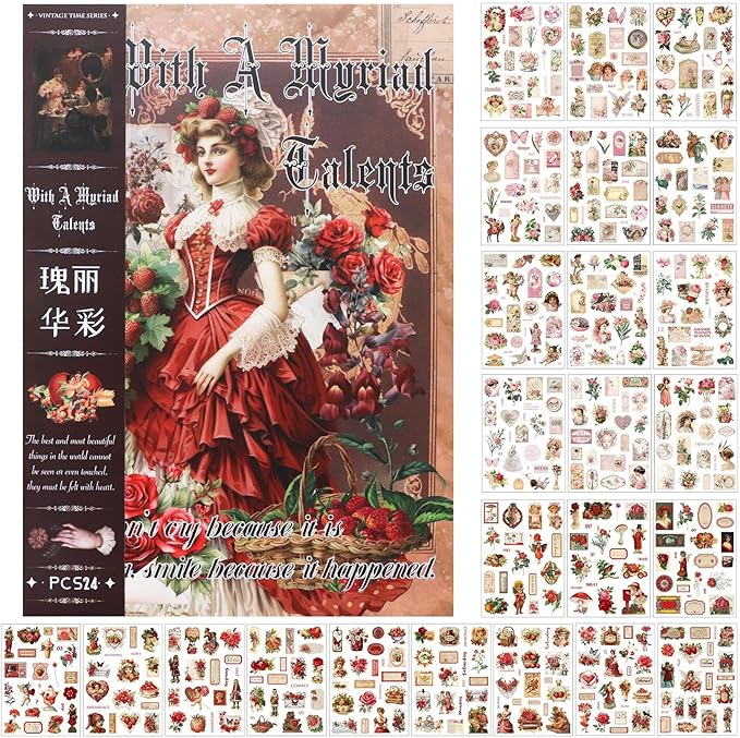 Vintage Stickers for Scrapbooking, Junk Journal - 24 Sheets Washi Sticker, Victorian Journal Stickers Book for Women, Self-Adhesive Scrapbook & Junk Journal Supplies (Red)