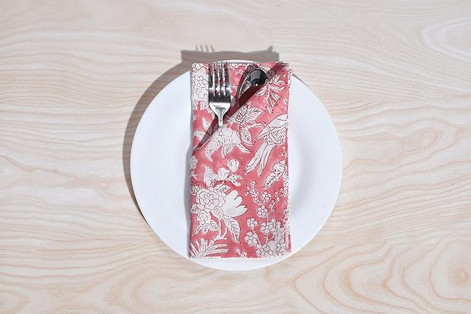 CPC Cloth Napkins 100% Cotton Set of 4 Reusable Napkins, Indian Block Print Toile Floral Dinner Napkin, Fall Thanksgiving Christmas Holiday Party Gift - Soft Absorbent Napkin, 18"x18" Pink Coral