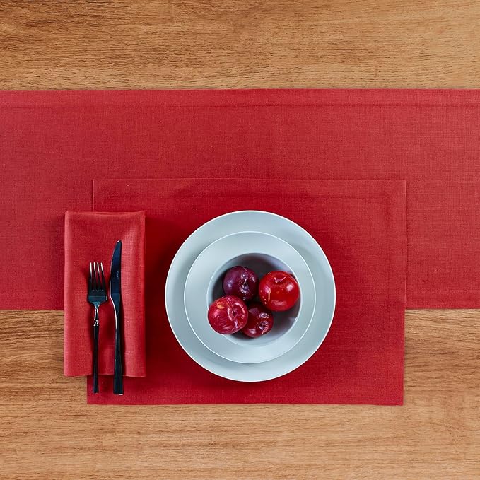 Solino Home Linen Table Runner 48 Inches - 100% Pure Linen Cherry Red Table Runner 14 x 48 Inch Ideal for Dresser and Coffee Tables - Valentines - Diana Medium Weight