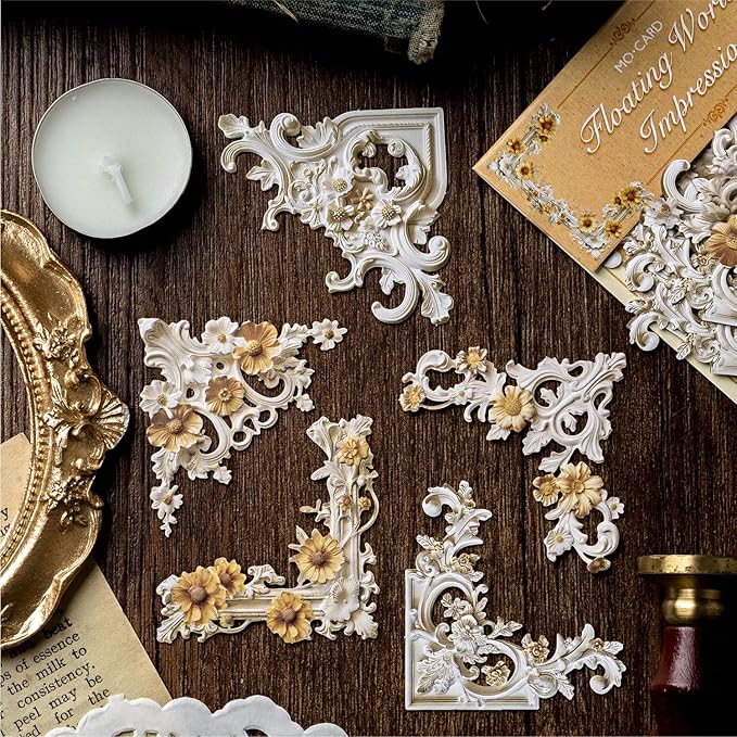 120Pcs Baroque Relief Corner Paper Embellishments, Retro Ornamental Frame Ephemera for Scrapbooking, Journaling, Junk Journal Supplies, and DIY Crafts with Glue Tape