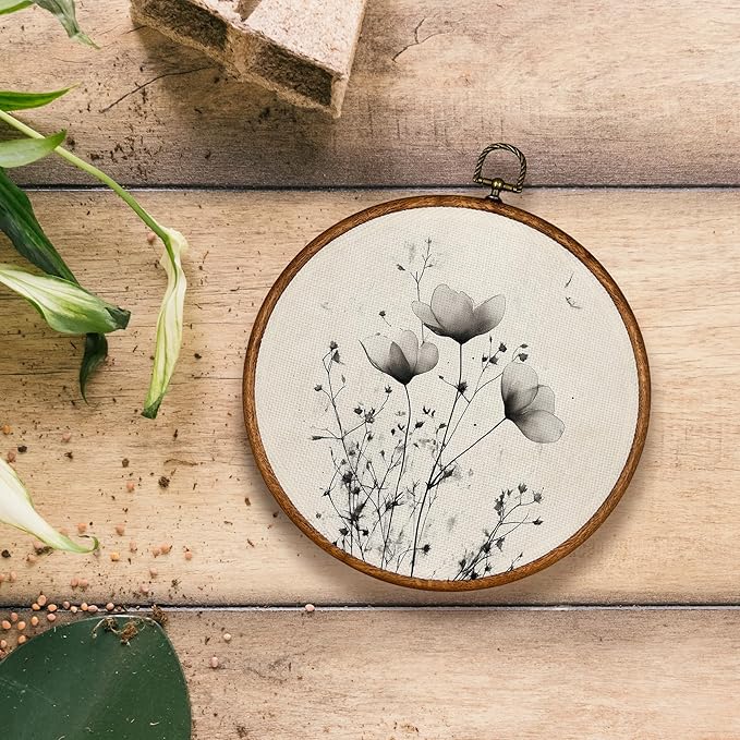 KSDUT Vintage Boho Mid Century Flower Floral Wall Decor Art - Black Botanical Neutral Wall Art Canvas Frame Hanging Prints, Retro Landscape Wildflower Round Wall Art Decor for Home Decorations 10"x10"