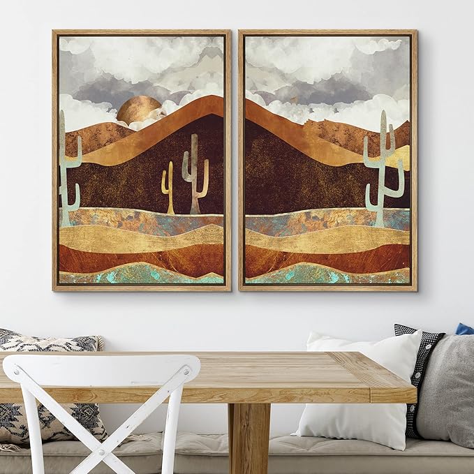 SIGNWIN Framed Canvas Print Wall Art Set Geometric Granite Desert Cactus Landscape Nature Wilderness Illustrations Modern Art Scenic Colorful for Living Room, Bedroom, Office - 24"x36"x2 Natural