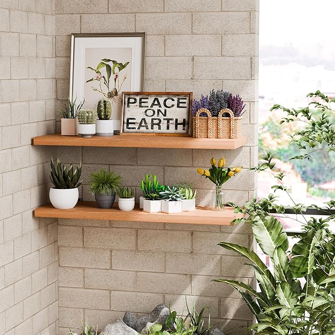 36 Inch Solid Oak Floating Shelves - Natural 12 Inch Deep Wall Shelf Set of 2, Rustic Display Shelf, Hanging Wall Shelf Decoration for Bedroom, Bathroom, Living Room