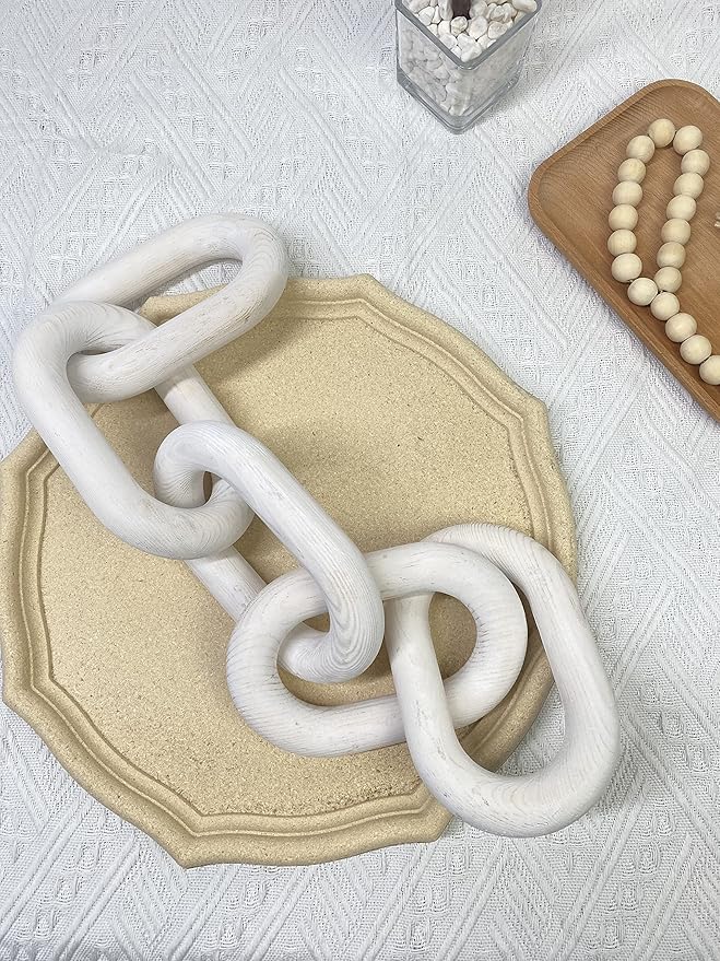 Wood Chain Link Decor - 18.9 Inch Length, 5-Link Boho Decor for Living Room, Farmhouse, Coffee Table (White)