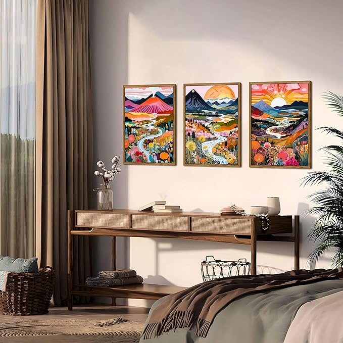 Floating Framed Boho Colorful Wall Art, Abstract Watercolor Mountain Landscape Wall Decor Painting Set of 3, Modern Flower Aesthetic Posters Prints for Living Room Bathroom Bedroom 12x16 Inch