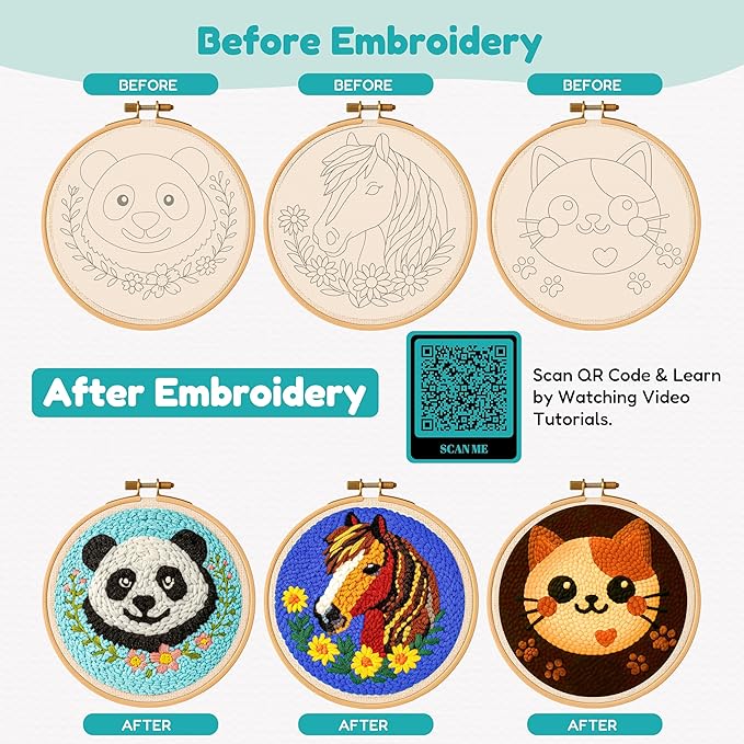 TEKWAVE Punch Needle Kit for Adults Beginners Cute Panda Design, Step-by-Step Video Pre-Printed Pattern and Written Instructions, DIY Embroidery Set with Yarn, Fabric, Hoop for Home Decor Crafts