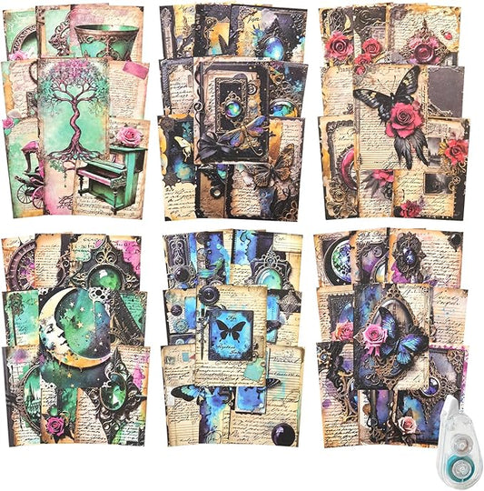 180Pcs Gothic Scrapbook Paper, Vintage Ephemera Pack for Journaling, Junk Journal, and Scrapbooking Supplies with Glue Tape