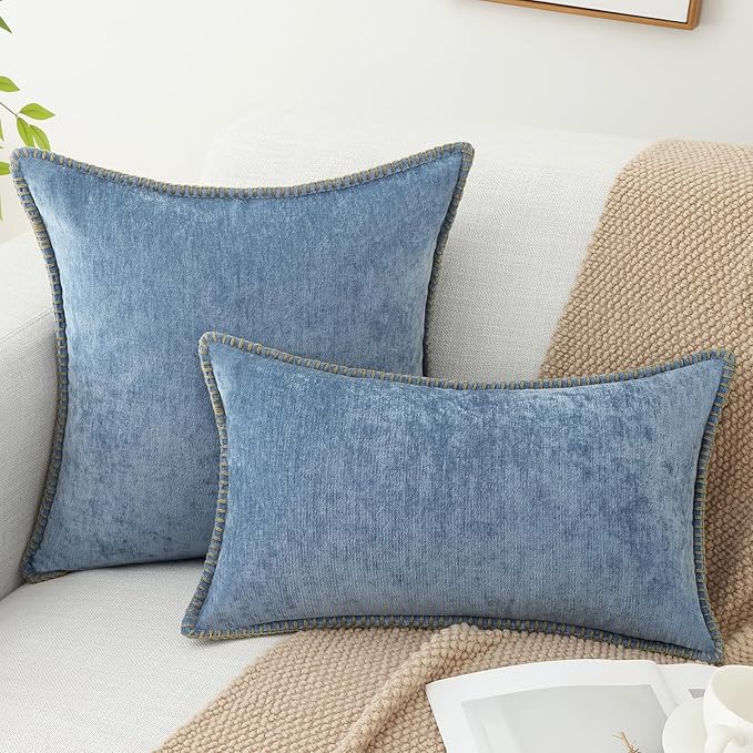 decorUhome Spring Chenille Soft Throw Pillow Covers 22x22 Set of 2, Farmhouse Velvet Neutral Decorative Euro Sham Pillow Covers with Stitched Edge for Couch Sofa Bed Home Decor, Blue
