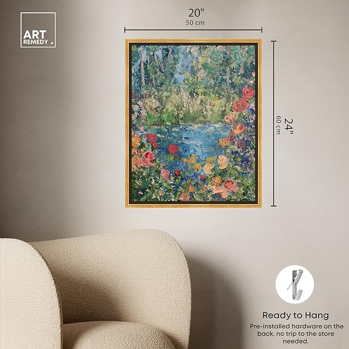 Art Remedy Serene Escape Framed Impressionism 1 Piece Canvas Wall Art/Monet And Van Gogh Inspired Art, 21.5" x 25.5", Gold Frame