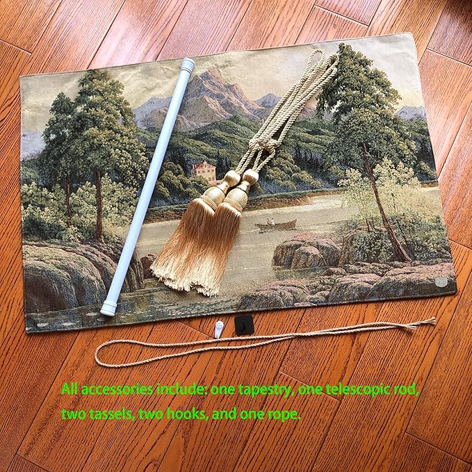 Vintage Nature Tapestry Wall Hanging Set with Telescopic Rod & Tassels - Jacquard Woven Fabric Aesthetic Lake & Mountain Landscape Wall Tapestry for Bedroom/Living Room Decor Green Art (42"x27")