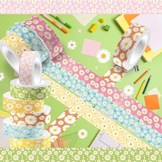12 Rolls Daisy Washi Tape Set - Spring Summer Flower Decorative Tape for Journals, Planners, Scrapbooking, Packaging & Crafts DIY - 12 Unique Patterns