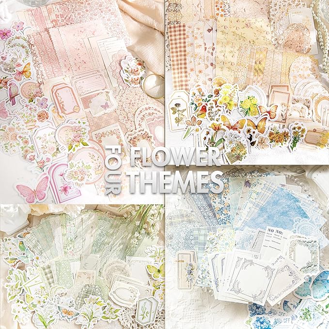 Vintage Floral Scrapbook Paper & Journaling Stickers (400pcs) Assorted Set - 4 Pack Junk Journal Supplies for Bullet Journaling, Retro Crafts, Planner, Mixed Media, Collage Card Album