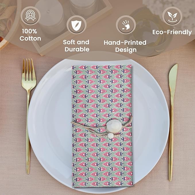 CPC Cloth Napkins 100% Cotton Set of 4 Reusable Napkins, Indian Block Print Toile Floral Dinner Napkin, Fall Thanksgiving Christmas Holiday Party Gift - Soft Absorbent Napkin, 18"x18" Grey Teal