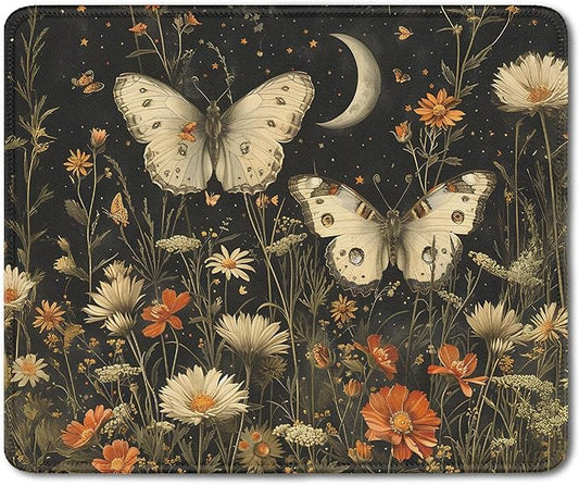 Vintage Floral Butterfly Field Mouse Pad, Dark Contemporary Botanical Moth Mousepad for Desk Home Office Dorm Computers, Nature Aesthetic Office Supplies Desk Accessories, 9.5x7.9 Inch