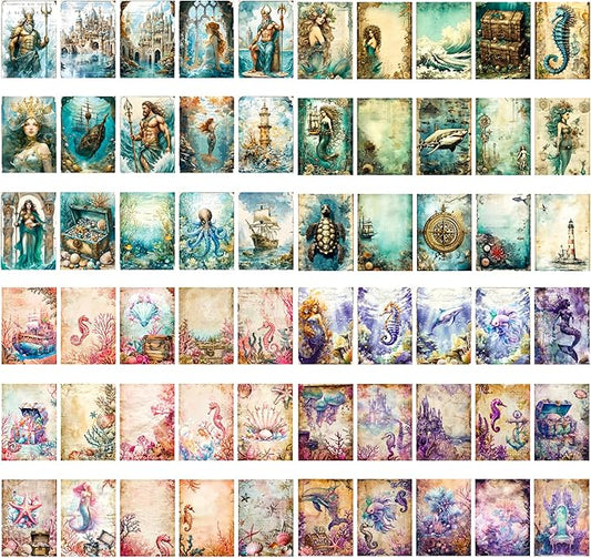Yoksas 120 Sheets Vintage Mythology Fantasy Sea Ocean Scrapbook Paper - Mermaid Seahorse Corals UnderSea Junk Journals Decorative Cardstock for Posters,Card Making,Crafts Paper