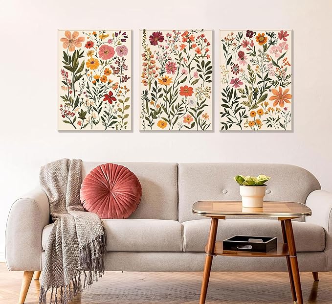 3Pcs Colorful Wildflower Canvas Wall Art Boho Floral Posters Botanical Prints Flowers Painting Wildflower Nursery Pictures Wall Decor for Living Room Bedroom Framed