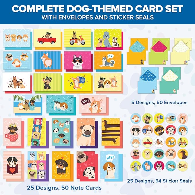 Decorably 50 Pack 6x4in Dog Note Cards with Envelopes and Stickers, 25 Adorable Designs for Friends, Family and Loved Ones, Blank Inside - Baby Shower, Kid's Party, Birthday, Gifting & Mailing