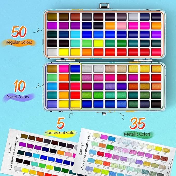 Caliart Watercolor Paint Set, 100 Colors Portable Travel Water Color Palette Kit with Detail Paint Brush, Art Supplies for Painting Coloring, Christmas Gifts for Artist Adult Teen Girls Boys Beginners