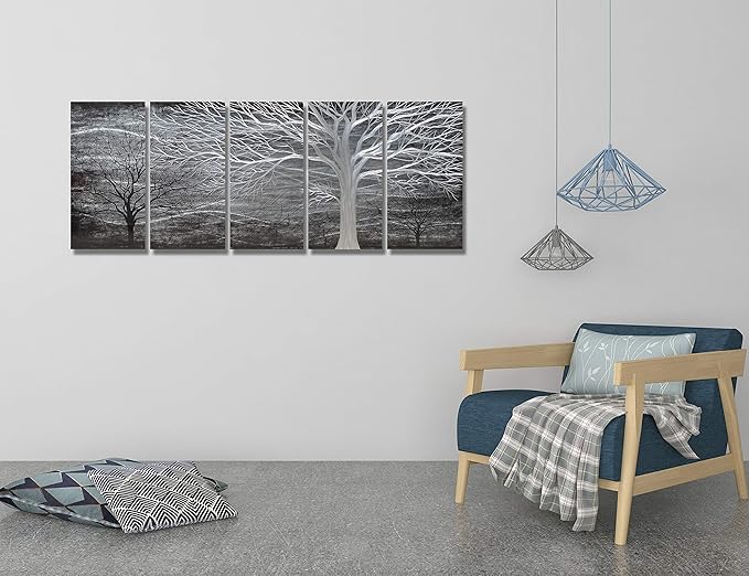 BATRENDY ARTS Black and Silver Tree Metal Art Hand-polished Wall Decor 3D Modern Home Accent for Bedroom Decoration 5 Panels Hanging Scuplture