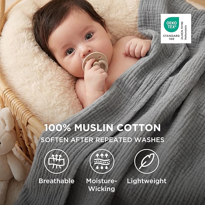 Bedsure 100% Cotton Muslin Blanket Queen Size for Bed - 4-Layer Breathable and Lightweight Thin Soft Summer Gauze Muslin Blankets for Adults, Grey, 90x90 Inches