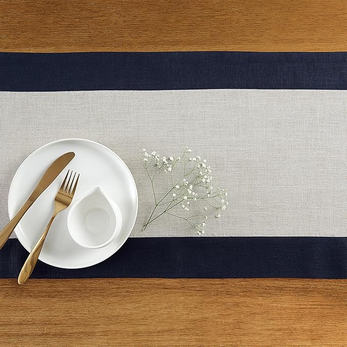 Solino Home Linen Table Runner 108 Inches Long - Navy and Natural 100% Pure Linen 14 x 108 Inch Table Runner for Dining, Winter - Contempo